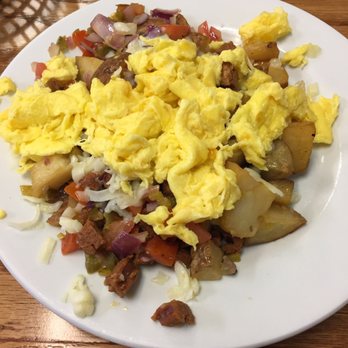 Bajis Cafe - The Border Skillet - chorizo, potatoes, onions, tomato, salsa, jalapeños, pepper jack cheese with scrambled eggs - Breakfast & Brunch Near Me - Mountain View, California