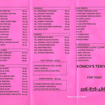 Konich's Teriyaki - To-go menu as of 11/8/2014 - Japanese Near Me - Kent, Washington Konich's Teriyaki - To-go menu as of 11/8/2014 - Japanese Near Me - Kent, Washington
