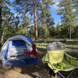 ten x campground - Our tent set up at the site. Spacious spots. All sites seemed to have a picnic table (wooden or cement) and a charcoal BBQ.