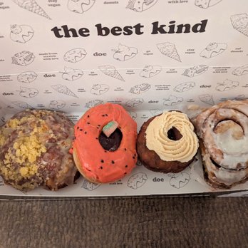 Doe Donuts - Vegan donuts! Sweet Corn Fritter, Watermelon Chamoy, Zucchini Bread Old Fashioned, & Vanilla Bean Cream Cheese Cinnamon Roll. - Donuts Near Me - Portland, Oregon