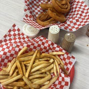 Fabulous Jr - onion rings side and fries side comes with western burger - American Near Me - Bellflower, California