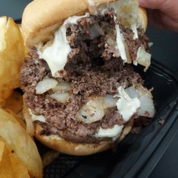 Phil'n stein, 11oz double ribeye patties with 6oz ribeye steak and onions
