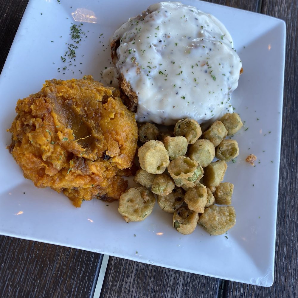 Sunset Grill - Chicken fried steak, sweet potato mash, fried okra - Seafood Near Me - Hot Springs Village, Arkansas Sunset Grill - Chicken fried steak, sweet potato mash, fried okra - Seafood Near Me - Hot Springs Village, Arkansas