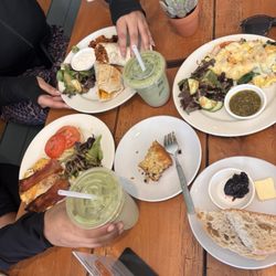 New Yorker Sandwich, Lavendar Matcha, Strawberry Matcha, Lunch Burrito w/ Vegan Bacon, Blueberry Muffin, Western Omellete