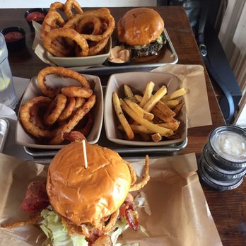 Burger Bench - Smokehouse burger, beer battered onion rings, Parmesan fries, and Mushroom Swiss burger. - American Near Me - Escondido, California