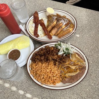 Christos Best - french toast egg and bacon plate with pastor plate - Burgers Near Me - Anaheim, California