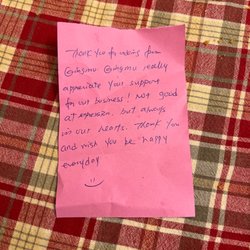 Qing Mu - This is the note the gave us when we picked it up!