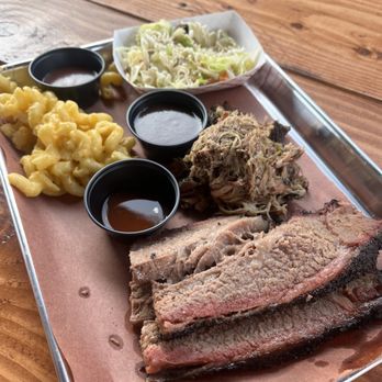 Bashful Bandit Barbecue - 2 meat plate with green chile pulled pork and sliced brisket, plus Mac and cheese and sunflower salad. - Barbeque Near Me - Tucson, Arizona Bashful Bandit Barbecue - 2 meat plate with green chile pulled pork and sliced brisket, plus Mac and cheese and sunflower salad. - Barbeque Near Me - Tucson, Arizona