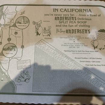 Pea Soup Andersen's Restaurant - Placemat showing both locations before the Buellton location closed two years ago - American Near Me - Santa Nella, California Pea Soup Andersen's Restaurant - Placemat showing both locations before the Buellton location closed two years ago - American Near Me - Santa Nella, California