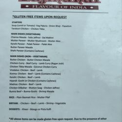 Tajmahal Flavor of India - Gluten free menu