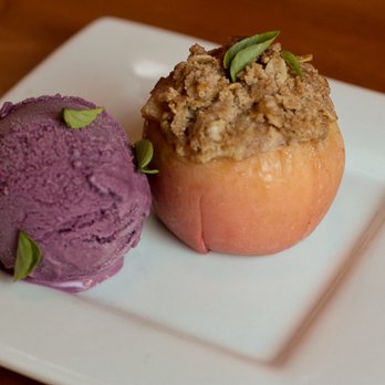 Fancy Plants Catering - Quince-stuffed Baked Apple with Oat Crumble topping, and housemade Huckleberry Ice Cream - Caterers Near Me - Chicago, Illinois