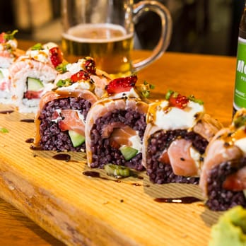 Yamamori - Gluten Free Sushi seared salmon, cucumber, cream cheese and spring onion, topped with fresh strawberry unbelievably delicious and GF Beer - Japanese Near Me - Dublin, D