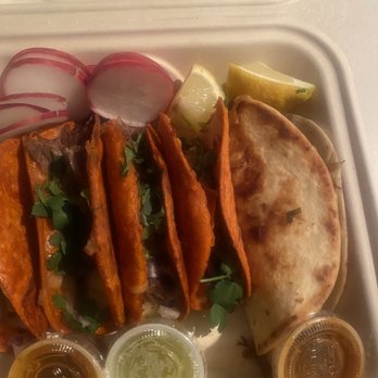 Fire Tacos De Birria - goat "quesadilla"  far right  & quesotacos - Food Trucks Near Me - Kent, Washington