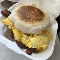 Egg, bacon and cheese on English muffin. Wow these eggs are on point! Egg, bacon and cheese on English muffin. Wow these eggs are on point!