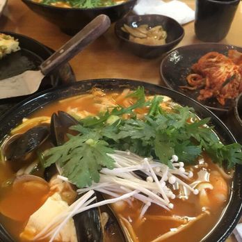 Daesung Korean Noodle - Seafood soondubu hand-pulled noodles (front) and chicken bulgolgi soondubu hand-pulled noodles (rear) - Korean Near Me - Flushing, New York