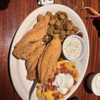 Charleston's - CATFISH PLATTER with loaded mashed potatoes and fried okra. - American Near Me - Indianapolis, Indiana