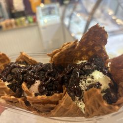 Jake's Ice Cream - *NEW* Ice Cream Nachos. Three scoops of ice cream, one sauce, one topping, and cone pieces for dipping.