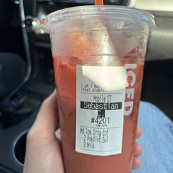 Dunkin' - Medium iced coffee with milk & 2 pumps of pink velvet swirl