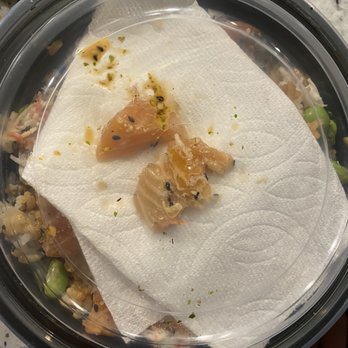Ahipoki - Poke bowl. Bad salmon on the bottom to compare to the top piece of good salmon. - Seafood Near Me - Scottsdale, Arizona