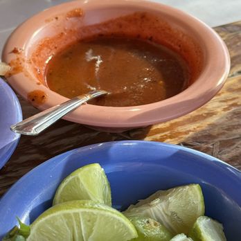 Playa Delfin - Salsa (superb) and limes - Seafood Near Me - Puerto Nuevo, BCN Playa Delfin - Salsa (superb) and limes - Seafood Near Me - Puerto Nuevo, BCN
