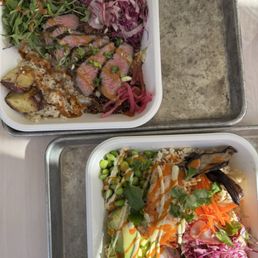 Steak and Japanese Sweet Potato bowl, Miso Salmon bowl Steak and Japanese Sweet Potato bowl, Miso Salmon bowl
