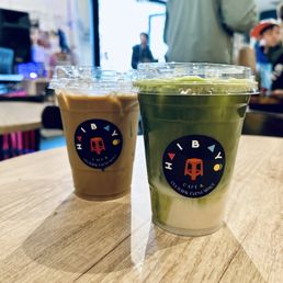 Vietnamese Iced Cofee (left) and Dirty Matcha Latte (right).