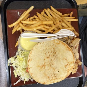 Mo Gyros - Chicken Gyro Dinner (honey mustard served not Tzatziki sauce) not shown 3 crescent slices of tomato hiding under pita - Hot Dogs Near Me - Bartlett, Illinois
