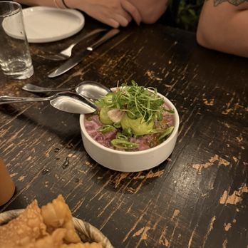 Amiga Amore - Sweet Potato Ceviche : Japanese sweet potatoes marinated in coconut milk - ginger leche de Tigre, snap peas, serrano, avocado mousse - Italian Near Me - Los Angeles, California
