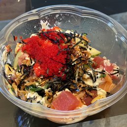 DIY bowl with tuna and salmon, zuchinni noodles, and the works (a bunch of toppings I can't remember to name) DIY bowl with tuna and salmon, zuchinni noodles, and the works (a bunch of toppings I can't remember to name)