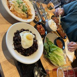 tteokbokki, spicy pork belly, and jajangmyeon