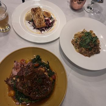 Grappa - Horseradish Crusted Salmon, Grappa 's Osso Bucco, Bolognese Bianca sooooo yummy! Not pictured the mushroom soup is KILLER! - Italian Near Me - Park City, Utah