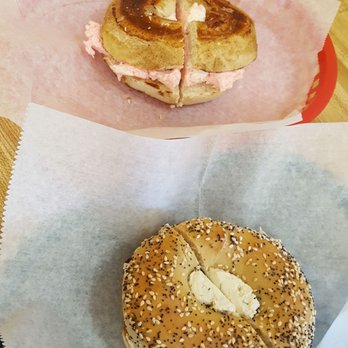 Long Island Bagels - Cinnamon sugar with strawberry cream cheese and everything bagel with cucumber dill cream cheese - Breakfast & Brunch Near Me - Mooresville, North Carolina