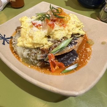 Snooze, an A.M. Eatery - Huevos Tostada with chorizo - Breakfast & Brunch Near Me - Orange, California