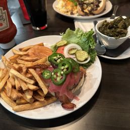 The incinerator burger (fries & collard greens) The incinerator burger (fries & collard greens)