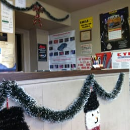 Christmas decorations in the tiny waiting room/front area.