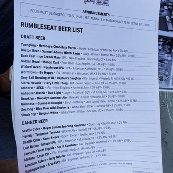 Rumbleseat - Front of beer list 11/7/20 - American Near Me - Chicopee, Massachusetts