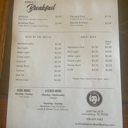 Bubba’s - Breakfast and Bar Menu