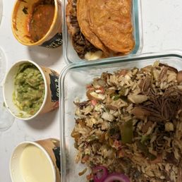 Quesabarria Taco with consommé, Steak and Birria bowl, queso, and guacamole. Quesabarria Taco with consommé, Steak and Birria bowl, queso, and guacamole.