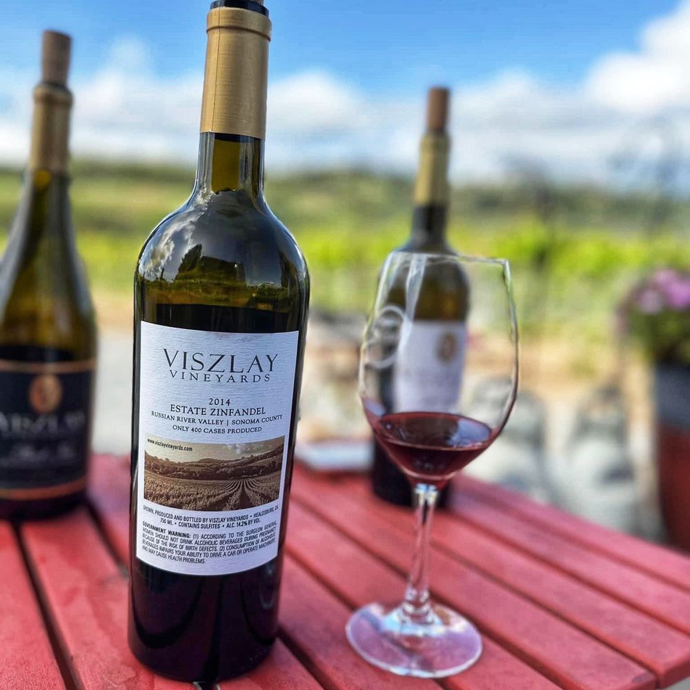 Viszlay Vineyards - a bottle of wine and a glass of wine - Wineries Near Me - Healdsburg, California