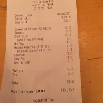 Lucy's Fried Chicken - Itemized cost. - New American Near Me - Austin, Texas