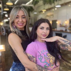 Strange Powers Salon - Hairstylist Geneva on the right and model VIRi on the left