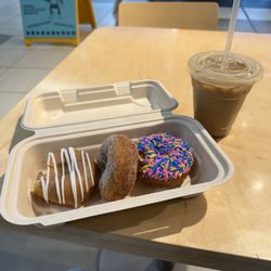 Hoopla Donuts - maple donut (v) cane sugar donut (v) vanilla donut (v) + iced latte