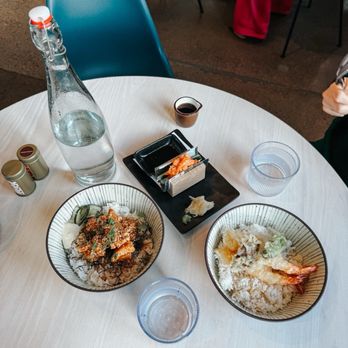 Cafe Yoto - Left - Karaage Donburi Middle - Spicy Salmon Temaki Right - Shrimp Tempura Donburi - Japanese Near Me - Minneapolis, Minnesota