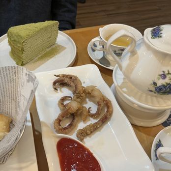 Prince Tea House - Southwest Santa Fe Chicken Roll with Homemade Gucamole and Octopus Takoyaki with tea and matcha crepe cake - Desserts Near Me - Brooklyn, New York