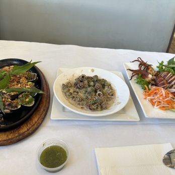 Bien Hen Restaurant - Coconut Swirly Escargot with Basil Leaves, Whole Squid, and So Long (cockle) - Seafood Near Me - Westminster, California