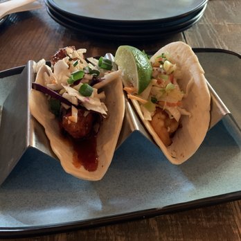 Saint Anejo - Hot Chicken Taco (left) and Chile Mole Shrimp Taco (right) - Cocktail Bars Near Me - Nashville, Tennessee