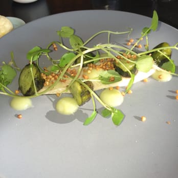 Restaurant Radio - Steamed plaice with gooseberry sauce, rocket sprouts, charred cucumber, roasted buckwheat. - Scandinavian Near Me - Copenhagen, 84 Restaurant Radio - Steamed plaice with gooseberry sauce, rocket sprouts, charred cucumber, roasted buckwheat. - Scandinavian Near Me - Copenhagen, 84