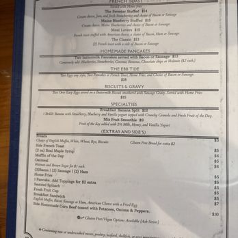 Waves - Menu1 - A printed menu listing breakfast options, pancakes, biscuits, gravy, and specialty dishes, with prices and descriptions. - American Near Me - Boothbay Harbor, Maine