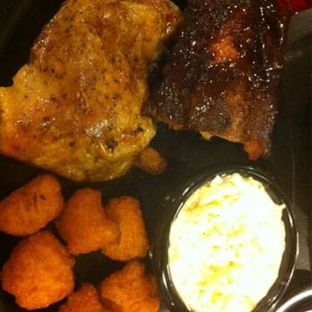 Bub-Ba-Q - Chicken and rib plate with side of slaw and corn fritters. - Barbeque Near Me - Woodstock, Georgia Bub-Ba-Q - Chicken and rib plate with side of slaw and corn fritters. - Barbeque Near Me - Woodstock, Georgia