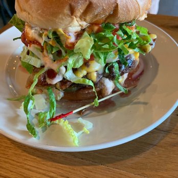 Black Sheep Cafe - Bacon cheeseburger with tons of sauce, lettuce ribbons, pickles, French fried onions. Great flavor. - Caterers Near Me - Salem, Oregon